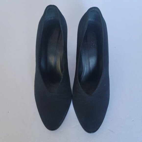 COS Black Suede Pointy Toe Chunky Block Heel Career Slip-On V-Cut Pumps. Size 8 - Picture 2 of 11
